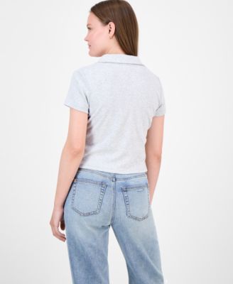 Juniors' Button-Front Collared Short-Sleeve Top