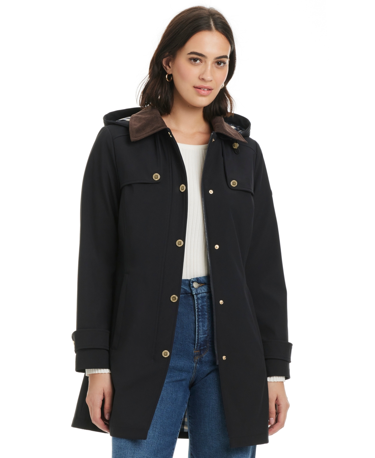 Jones New York Women's Hooded Corduroy-collar Softshell Coat, Exclusively At Macy's In Black