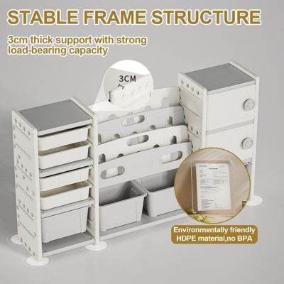Kids Storage Organizer 8 Bins, 4-Tier Bookcase, 2 Cabinets