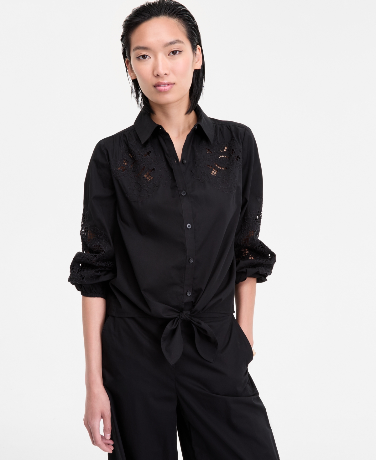 Women's Eyelet Cotton Tie-Front Blouse, Exclusively at Macy's - Deep Black