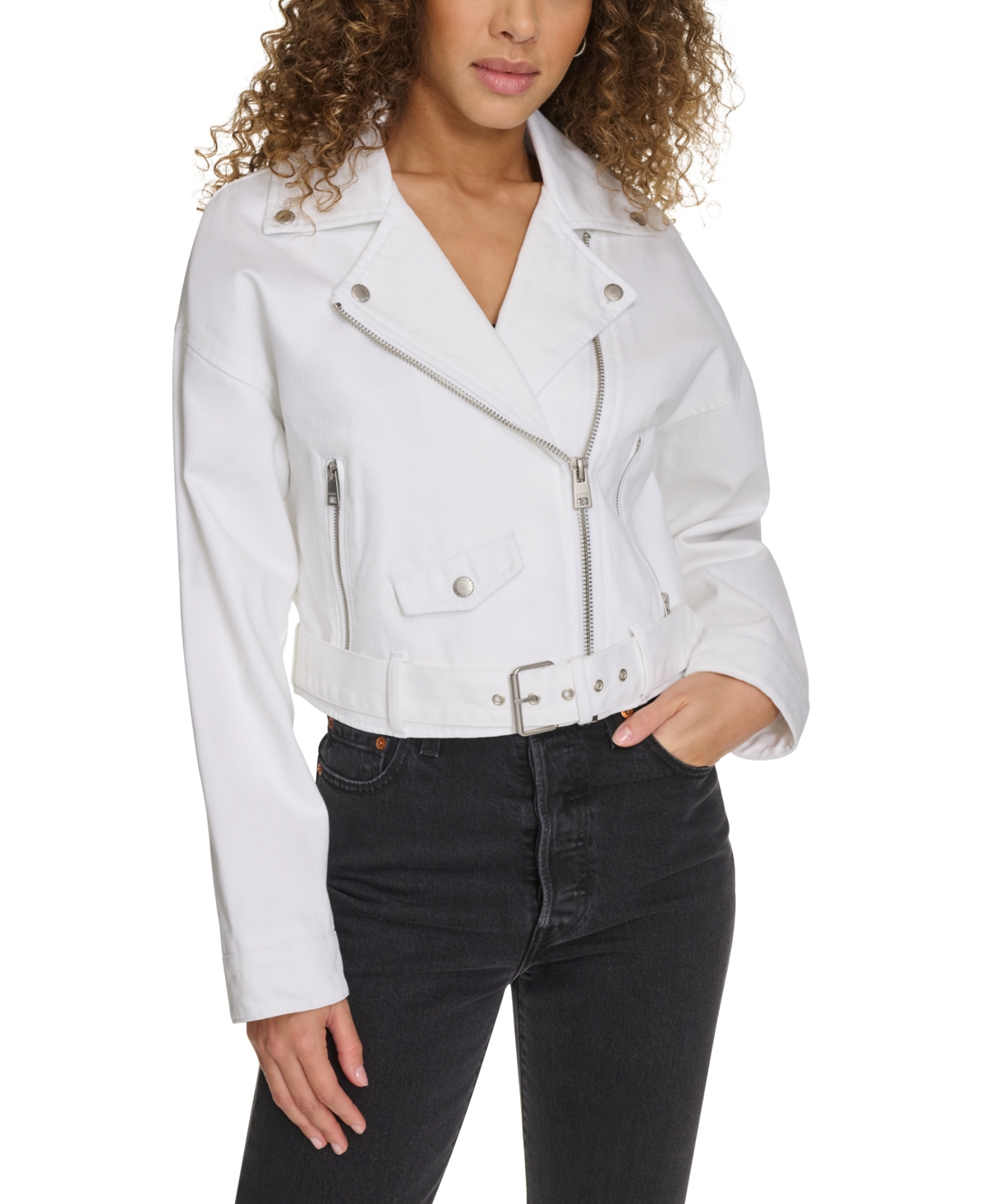 Women's Cropped Denim Moto Jacket - White Denim