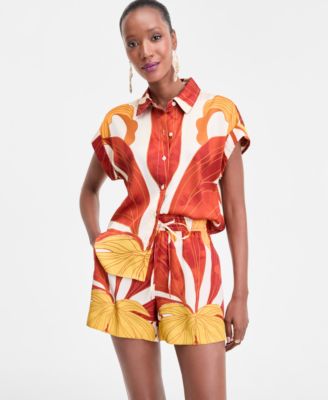 Women's Printed Button-Down Camp Shirt & Matching Drawstring Shorts, Exclusively at Macy's