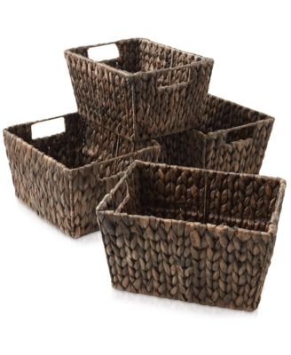 Set of 4 Water Hyacinth Storage Baskets with Handles - Espresso, 12" x 9" x 6" Rectangular Storage Bins for Organizing Shelves, Blankets, Laundry