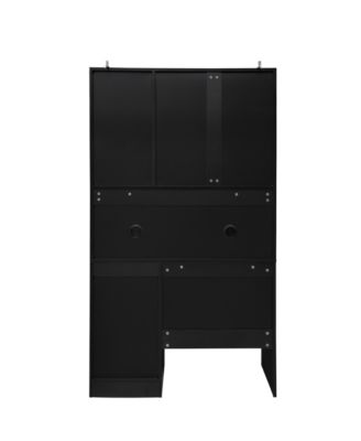Streamdale Black Kitchen Pantry Cabinet w/ Rattan Doors & Microwave Stand