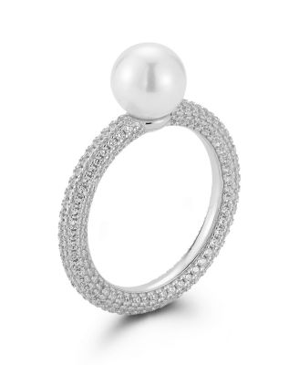 14K Gold Plated Sterling Silver Pearl Pave Band Ring