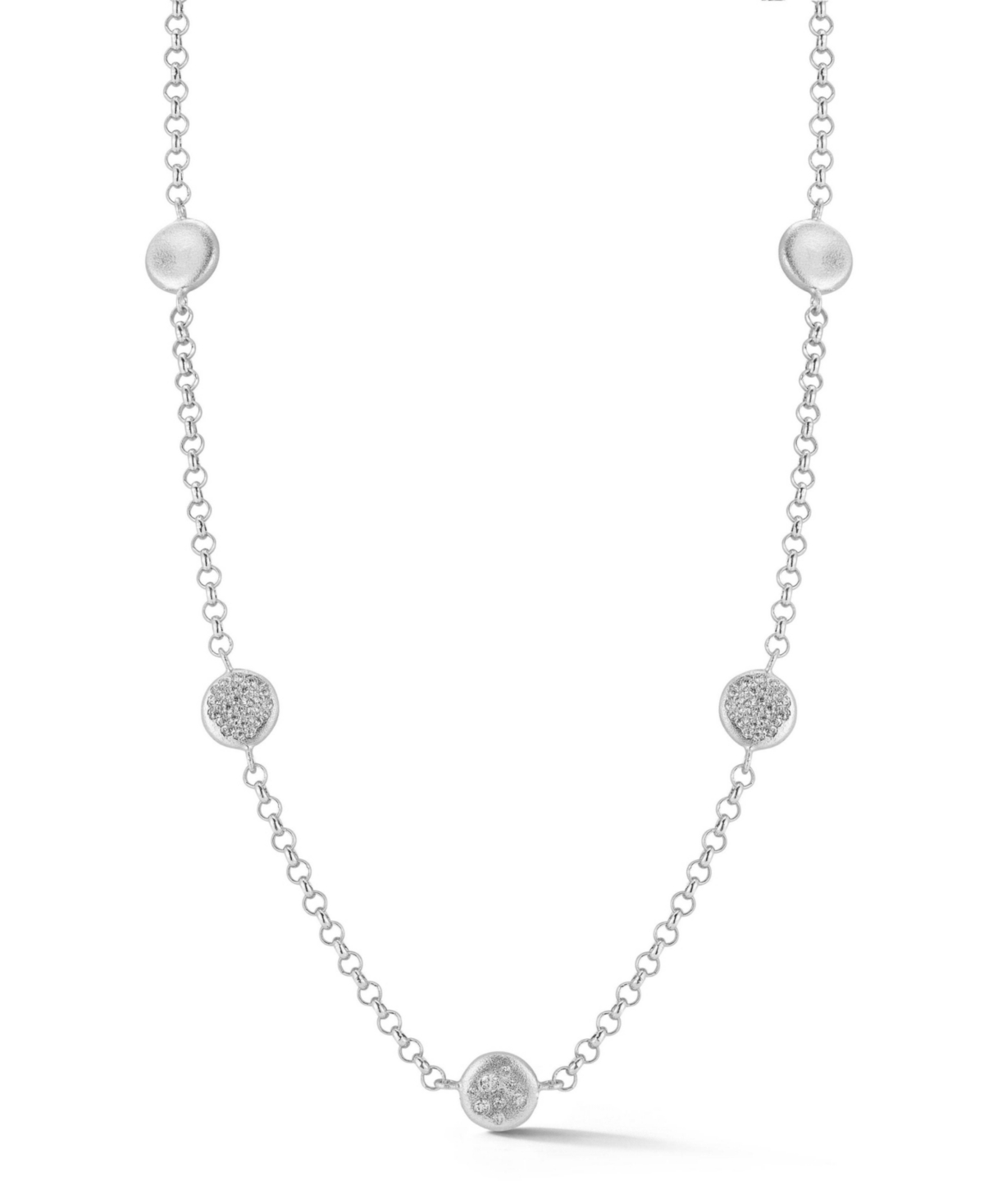 14K Gold Plated Sterling Silver Pave Button Station Necklace - Silver