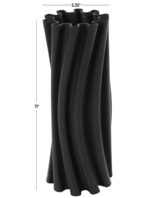 Ceramic Abstract Curvy Ribbed Decorative Vase with Floral Shaped Rim, 11"