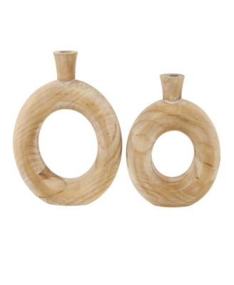 9" Wood Circular Decorative Vase with Cutout Center, Set of 2