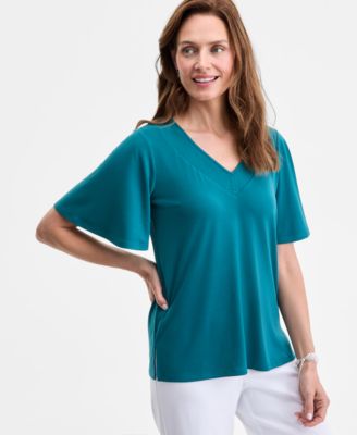 JM Collection - Women's V-Neck Short-Sleeve Crepe Top, Exclusively at Macy's