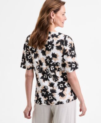 Women's Printed V-Neck Short Sleeve Knit Top, Exclusively at Macy's 