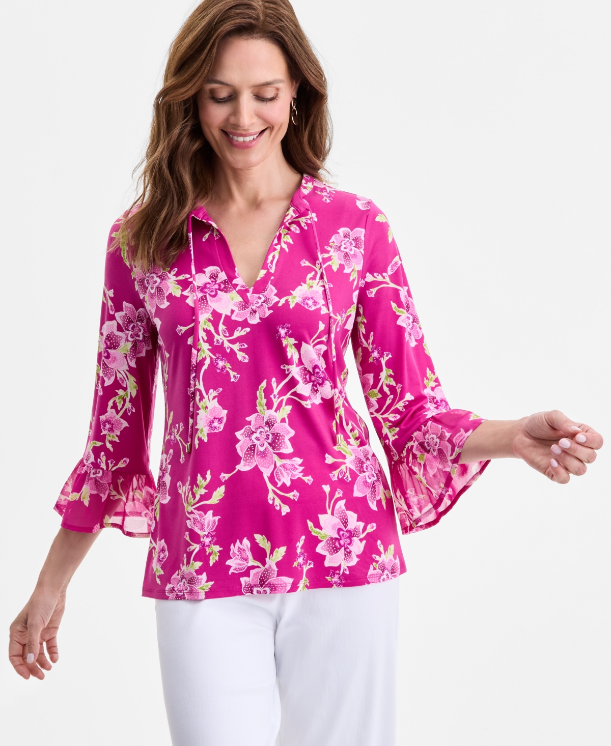 Women's Printed Split-Neck Top, Exclusively at Macy's - Purple Fizz Combo