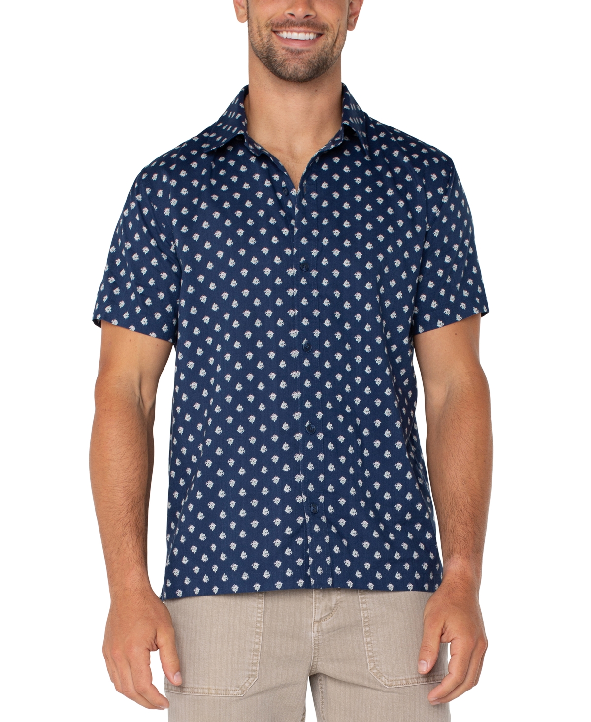 Men's Short Sleeve Floral Print Button-Front Shirt - Blue