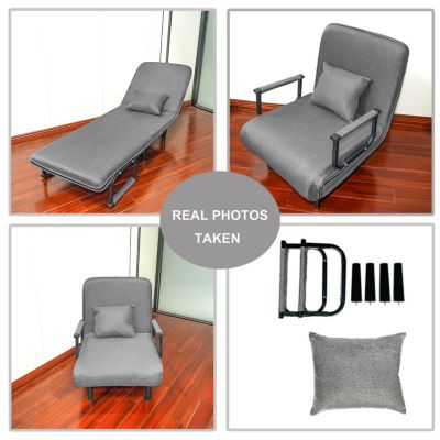 Streamdale 1 Pc. Grey Linen Upholstered Metal Frame Adjustable Folding Sofa Chair with Pillow