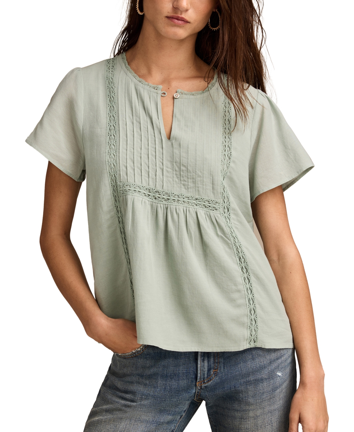 Women's Cotton Pleated Split-Neck Peasant Top - Blue Surf