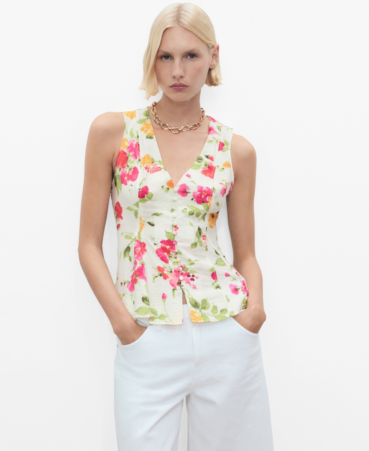 Mango Floral Button-down Fitted Blouse Ecru