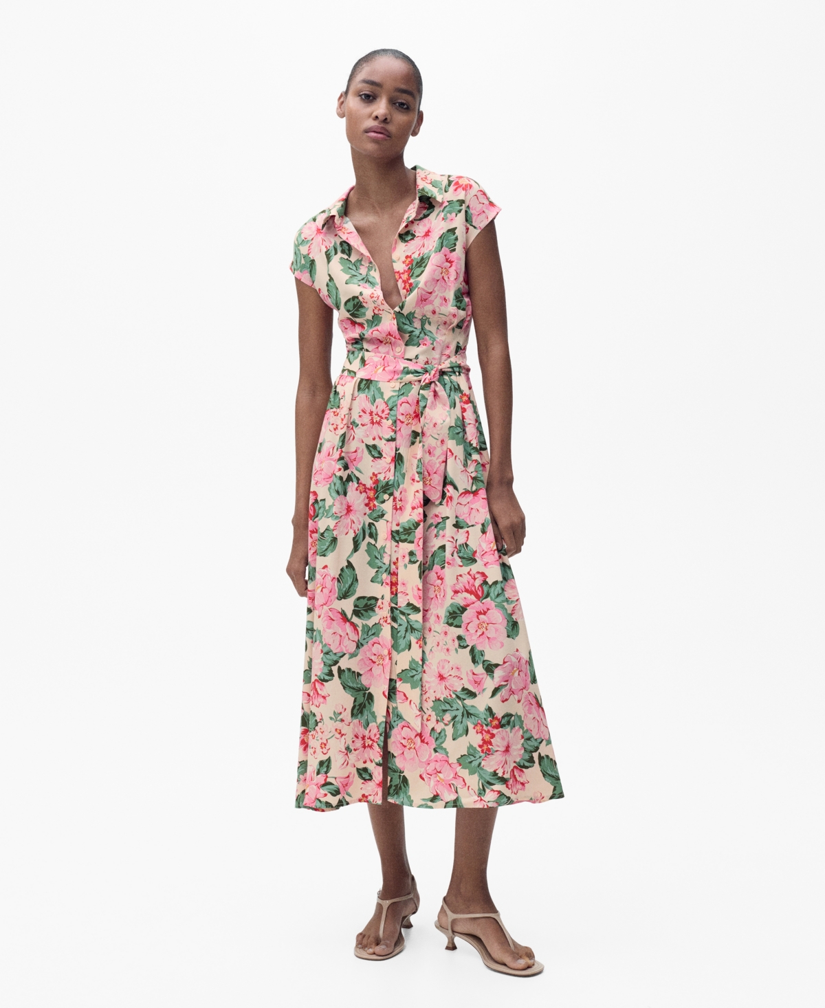 Mango Printed Shirt Dress With Belt Ecru