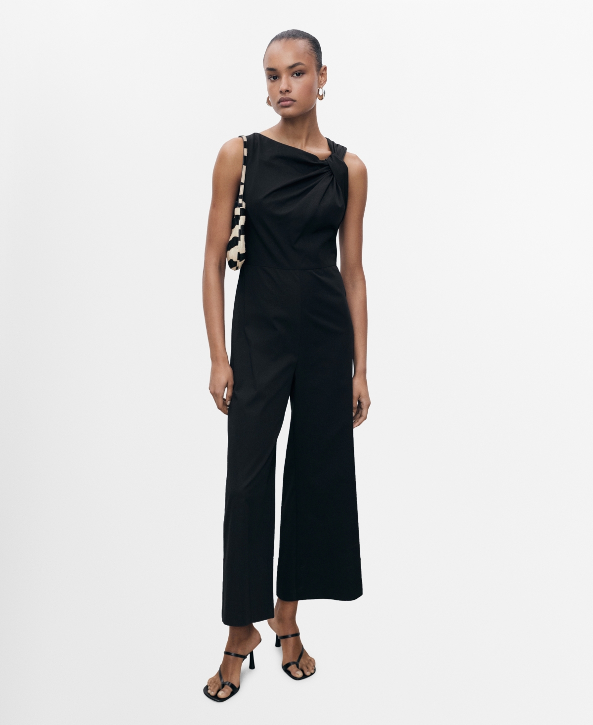 Women's Draped Neck Long Culotte Jumpsuit - Black