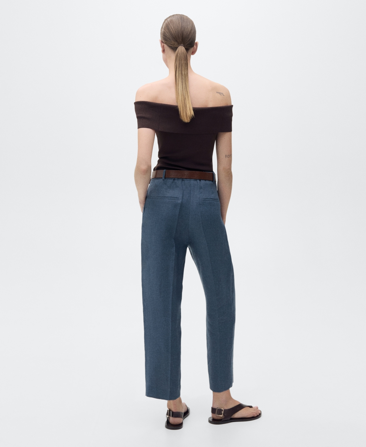 Mango Straight Linen Trousers With Dart Detail Blue In Blue