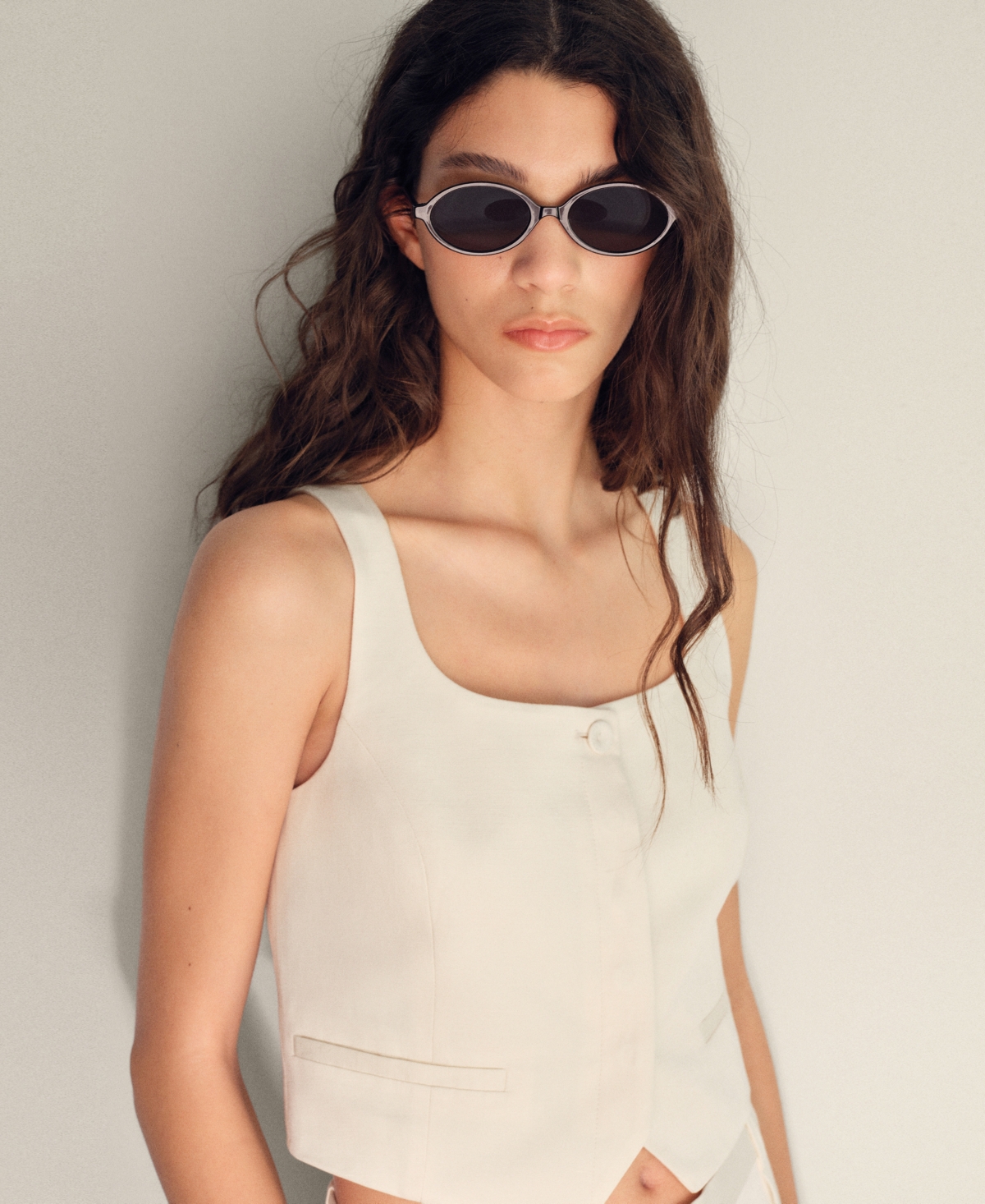 Mango Cotton Mix Low Square Neck Cropped Vest In Metallic