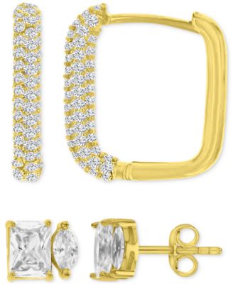 Macy's - 2-Pc. Set Cubic Zirconia Two-Stone Stud & Pav&eacute; Square Hoop Earrings in 14k Gold-Plated Sterling Silver