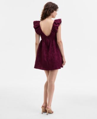 Juniors' Jacquard Ruffled Babydoll Mini Dress