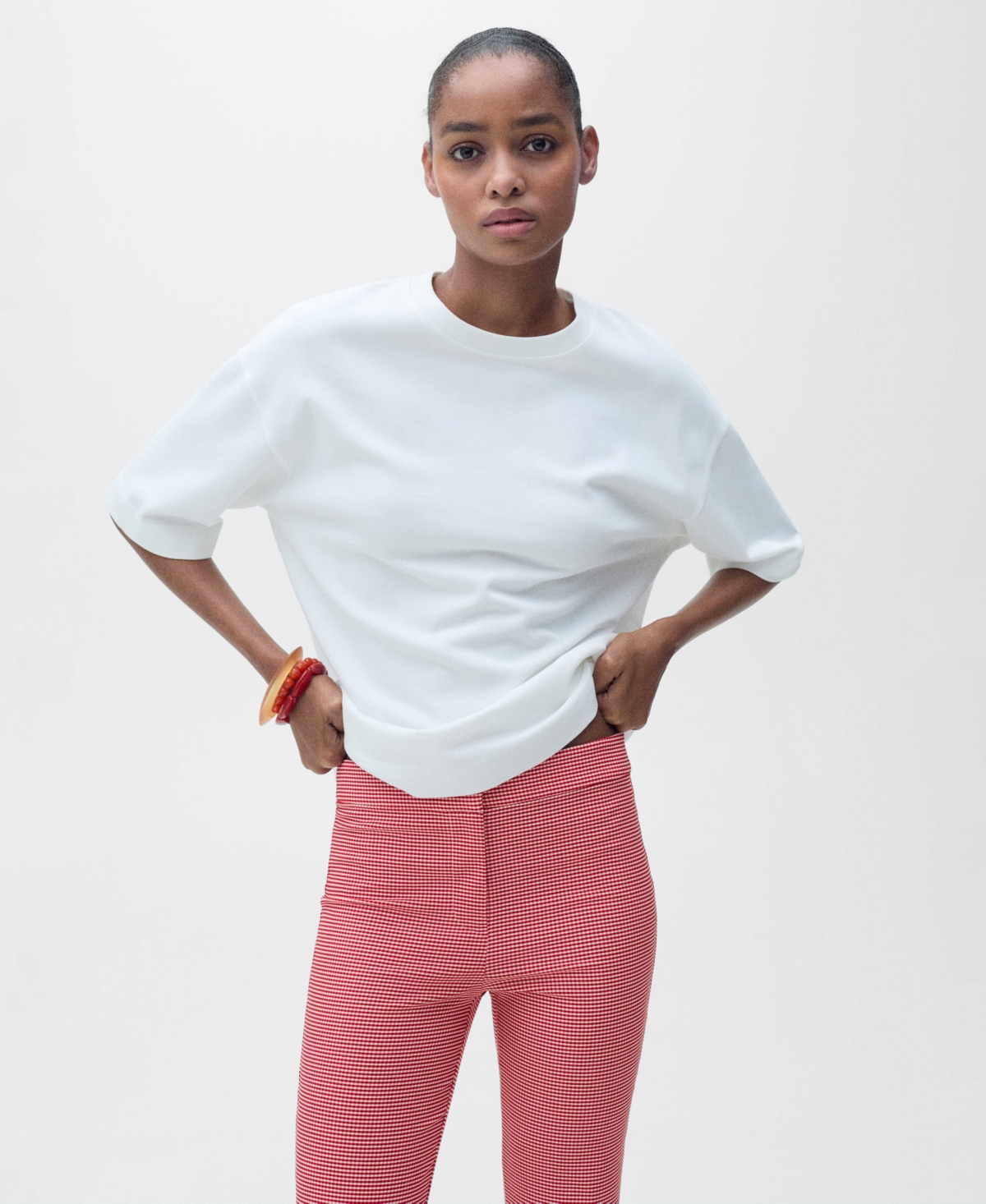 Mango Gingham Crop Pants In Pink