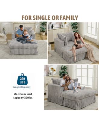 1 piece Light Gray Oversized Corduroy Chaise Lounger with Ottoman