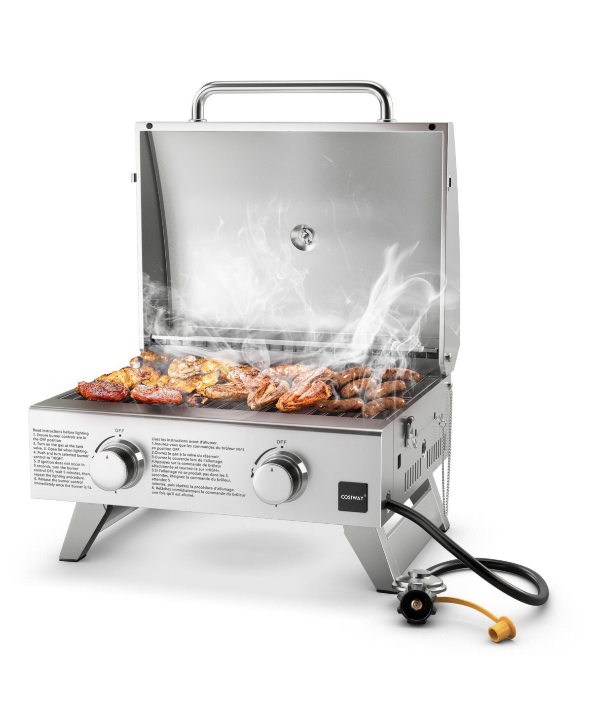 Stainless Steel Propane Grill with Lid for Outdoor Camping Tailgating Picnic Party - Silver