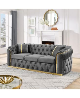 90" Velvet Button Tufted Chesterfield Sofa - Gray