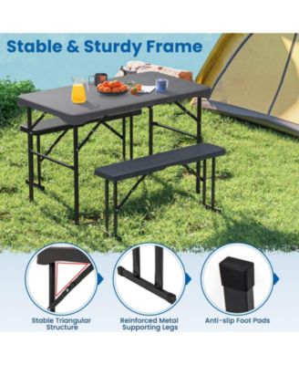 Outdoor Folding Table Bench Set w All-Weather HDPE Tabletop and Sturdy Metal Frame-Black