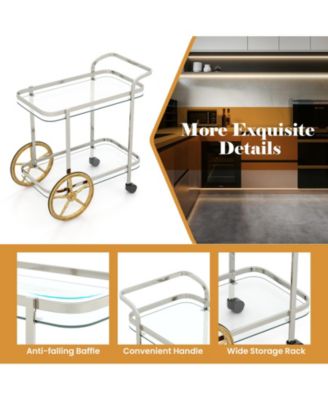 2-Tier Tempered Glass Bar Cart with 2 Large Aluminum Wheels and 2 Rolling Casters