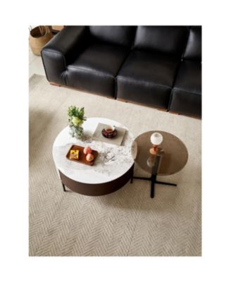 Modern White & Wood Coffee Table with Drawers & Golden Legs