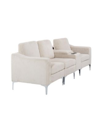 Convertible Sectional Corduroy Sofa with Cupholders, USB,Three-seater,Beige