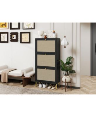 Rattan 3 Door Shoe Rack, Freestanding Modern Shoe Storage Cabinet, for Entryway