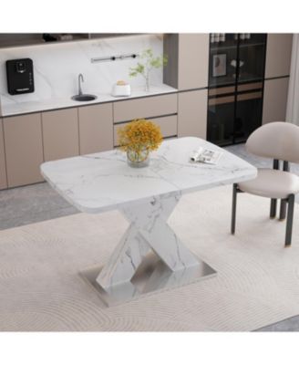 Modern Square Dining Table, Stretchable, with Printed White Marble Table Top+MDF X-Shape Table Leg with Metal Base
