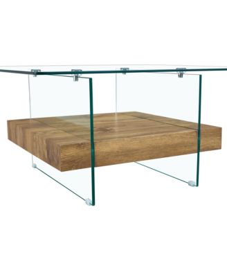 Set of 1 Modern Square Coffee Table Glass and Wood Combo