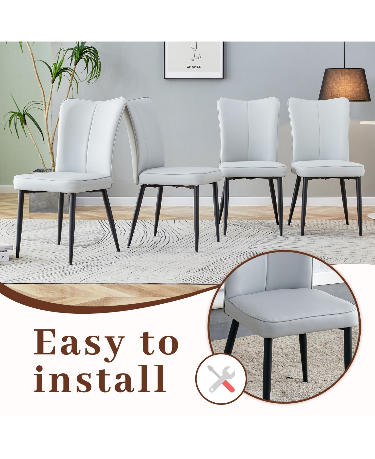 Streamdale Furniture Modern Marble Dining Set Black Table & Light Gray Striped Chairs