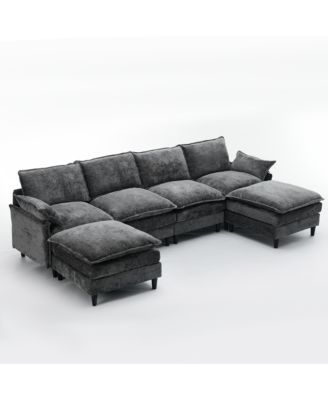 Modular U-Shaped Chenille Sofa Couch, 6-Seater with Ottoman, Dark Gray