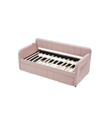 Twin Daybed Frame with Trundle, Sofa Bed, Wood Slat Support, Pink