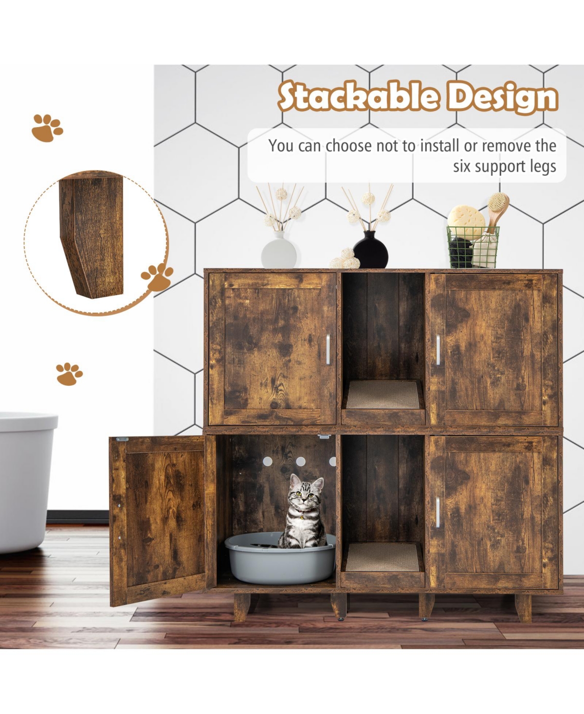 2-Door Cat Litter Box Enclosure with Winding Entry and Scratching Board