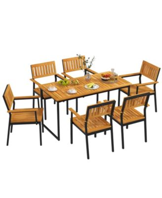 Patio Outdoor Dining Chair Set of 2 with Metal and Acacia Wood Frame