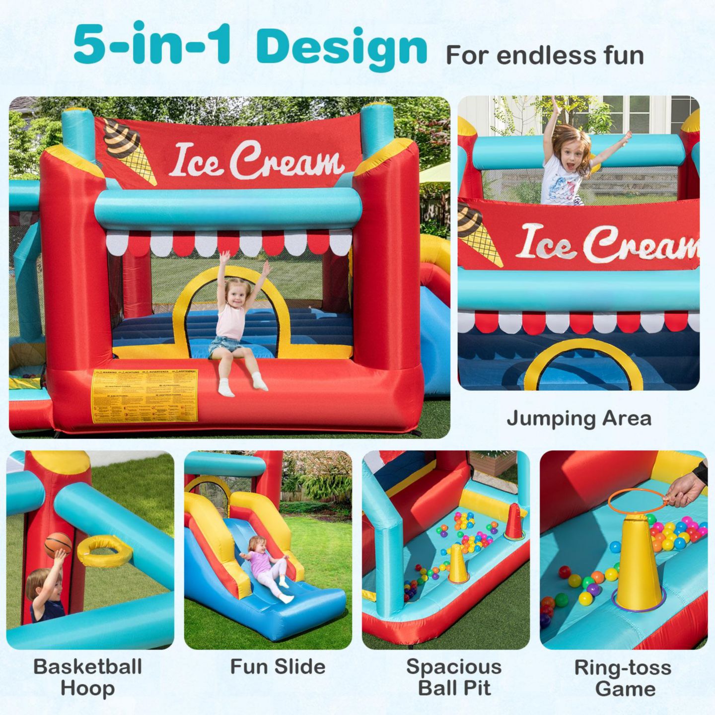 Детская игрушка GOUUN 5-in-1 Ice Cream 187"L x 88"W x 79"H Inflatable Bounce House, Up to 2 Players, Ages 3+, цвет: Синий — фото 11