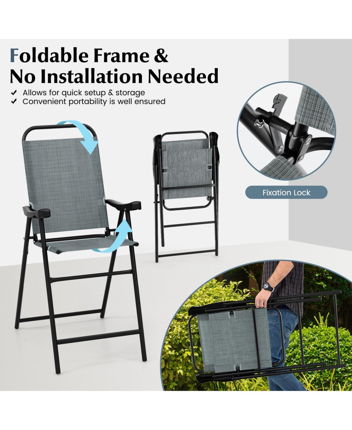 Patio Folding Bar Stool Set of 4 with Metal Frame and Footrest