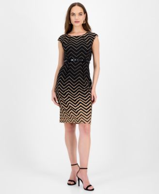 Connected - Women's Ottoman Chevron-Print Belted Dress