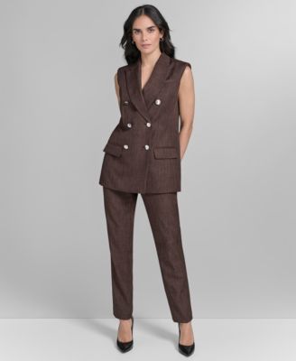 Calvin Klein Womens Double Breasted Peak Lapel Sleeveless Jacket Novelty High Rise Skinny Ankle Pants In Brown