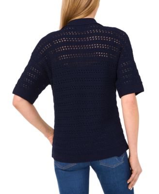 Women's Open-Knit Short-Sleeve Polo Sweater