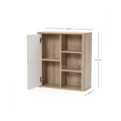 1Pc Manufactured Wood Fluted Panel, Wave Pattern & Open Shelves 1-Door Bathroom Wall Cabinet