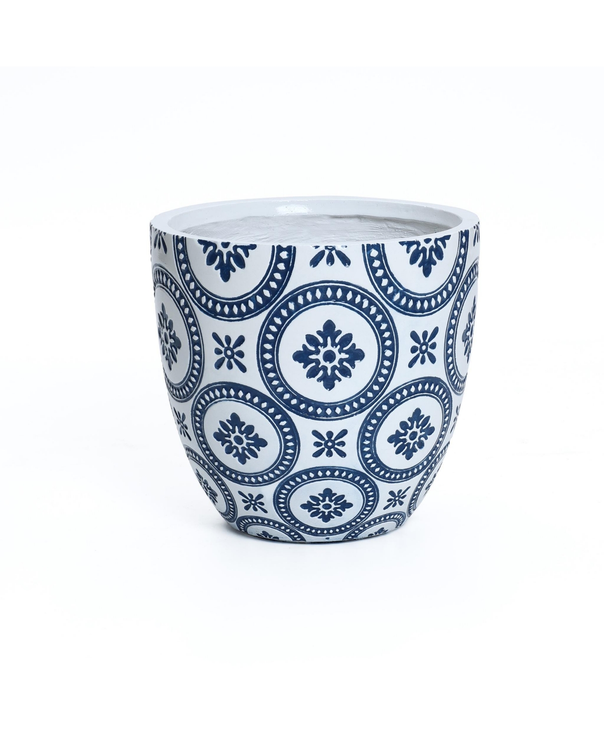 Blue and White Flower Pattern Round Tapered 9.4-Inch Tall Mgo Planter, Indoor and Outdoor - White, blue