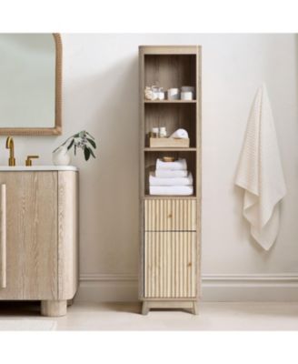 Natural Finish Wave-Patterned Manufactured Wood 1-Drawer 1-Door Bathroom Tower Cabinet