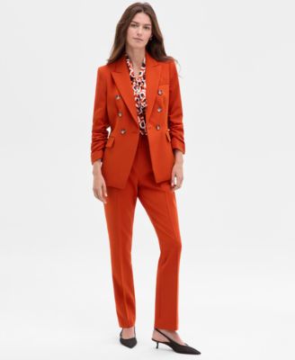 Tahari Asl Womens Double Breasted Ruched Sleeve Jacket Printed Sleeveless Tie Neck Blouse Mid Rise Bell Bottom 